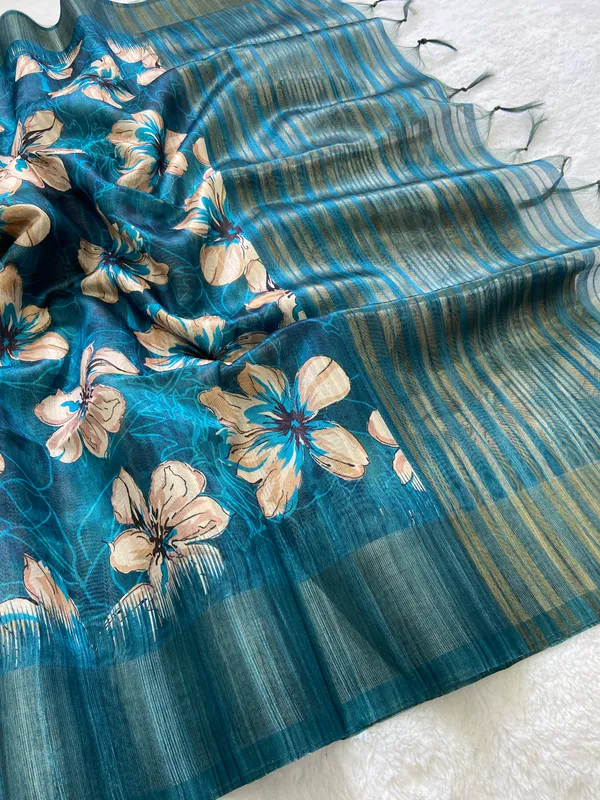 Gargi_Rama_Green_–_Wise_Navratri_Special_|_Soft_Tussar_Silk_Saree_with_Print,_Pallu_&_Zari_Border_&_Contrast_Print_Blouse_with_Tassels