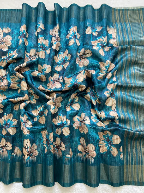 Gargi_Rama_Green_–_Wise_Navratri_Special_|_Soft_Tussar_Silk_Saree_with_Print,_Pallu_&_Zari_Border_&_Contrast_Print_Blouse_with_Tassels