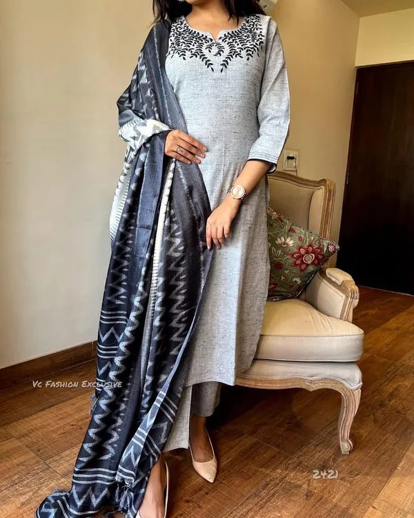 Grey_Handloom_Cotton_Salwar_Kurta_Dupatta_For_Women