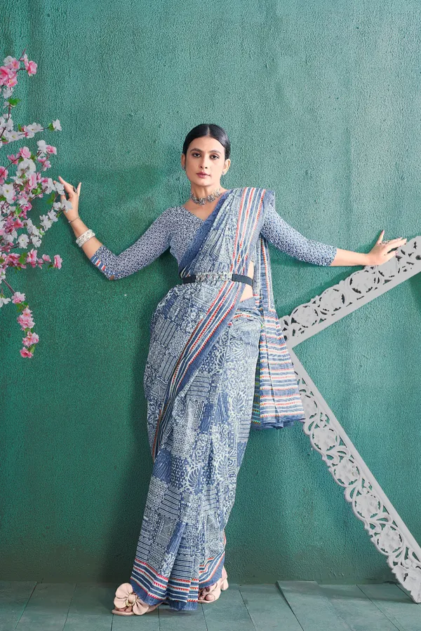 Ikkat_Print_Pure_Soft_Cotton_saree_With_Blouse_Piece