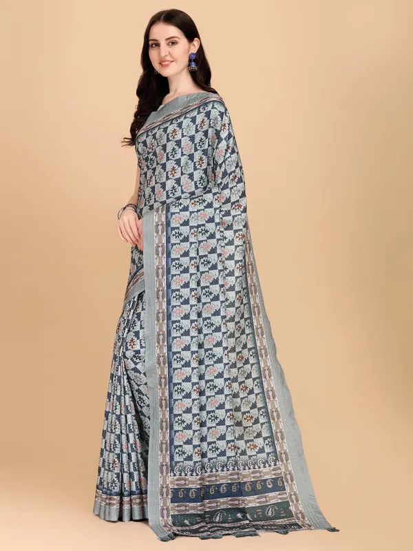 Grey_Cotton_Silk_Sequence_Work_Saree_With_Blouse_Piece