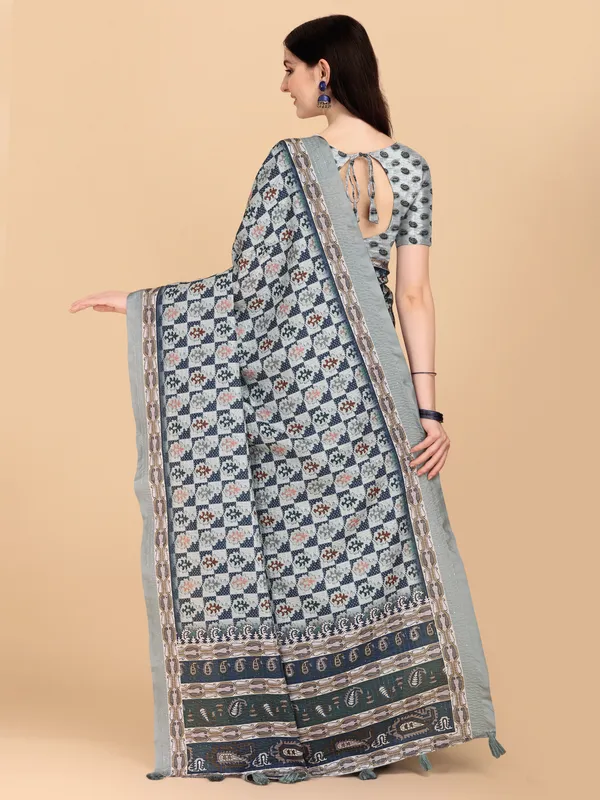 Grey_Cotton_Silk_Sequence_Work_Saree_With_Blouse_Piece