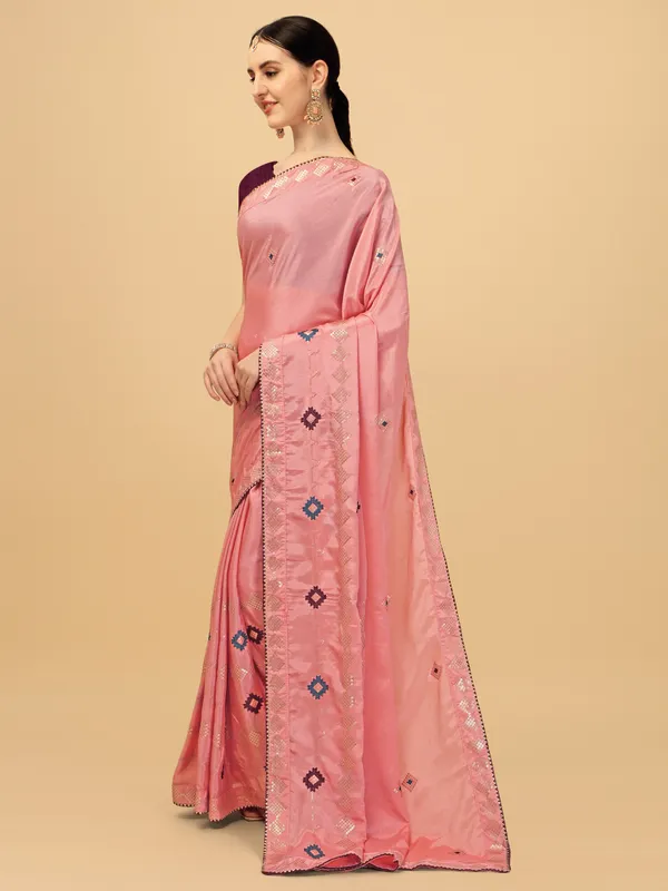 Pink_Chinon_Sequence_Work_Saree_With_Blouse_Piece