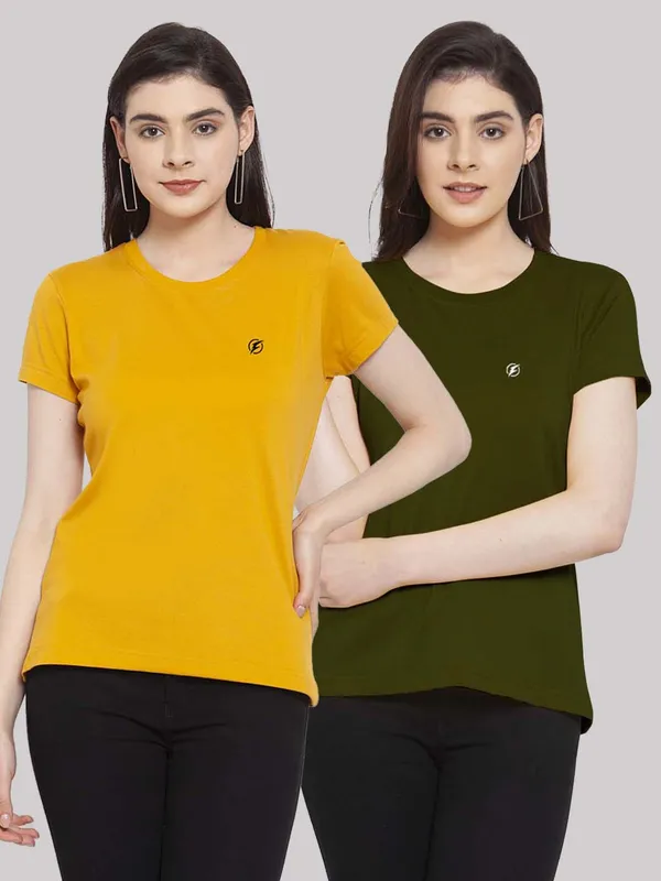 Pack_of_2_Mustard_&_Olive_Cotton_Round_Neck_Short_Sleeves_T-Shirt_For_Women