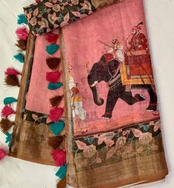 Pink_Linen_Saree_with_Kalamkari_Print_and_Unstitched_Blouse_Piece