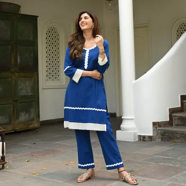 Teal_Blue_Cotton_Kurta_Pant_Set_For_Women