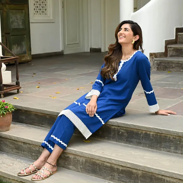 Teal_Blue_Cotton_Kurta_Pant_Set_For_Women