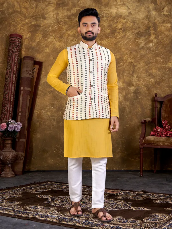 Summer_Yellow_Cotton_Kurta_Sets__With_Modi/Nehru_Jacket