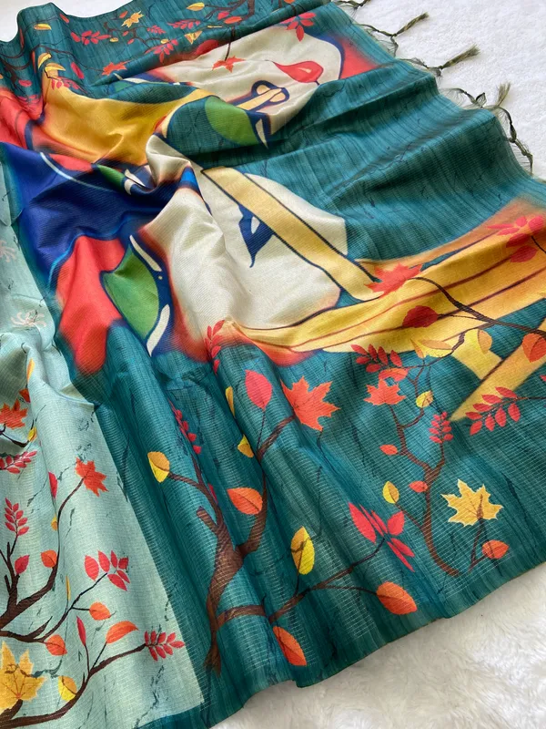 Indira_Rama_Green_–_Prosperous_Navratri_Special_|_Soft_Tussar_Silk_Saree_with_Print,_Zari_Line_Saree_&_Print_Blouse_with_Tassels