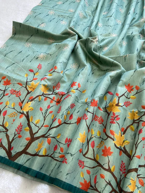 Indira_Rama_Green_–_Prosperous_Navratri_Special_|_Soft_Tussar_Silk_Saree_with_Print,_Zari_Line_Saree_&_Print_Blouse_with_Tassels