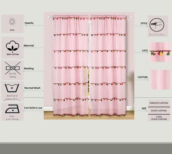 Pack_of_2_Cotton_Pink_Sheer_Multicolor_Pompom_Rod_Pocket_Curtain_Set_for_Window_and_Door