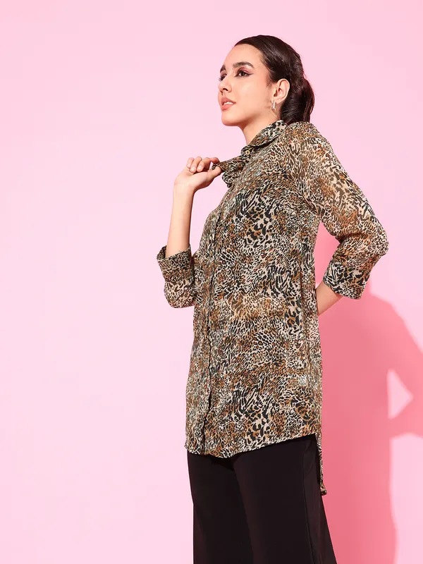 Brown_Chiffon_3/4th_Sleeve_Printed_Tailored_Fit_Long_Shirt_For_Women