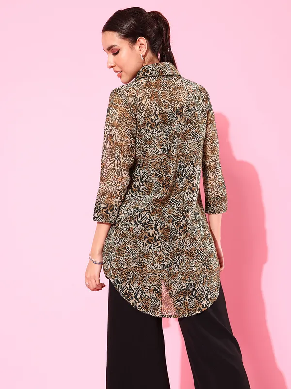 Brown_Chiffon_3/4th_Sleeve_Printed_Tailored_Fit_Long_Shirt_For_Women