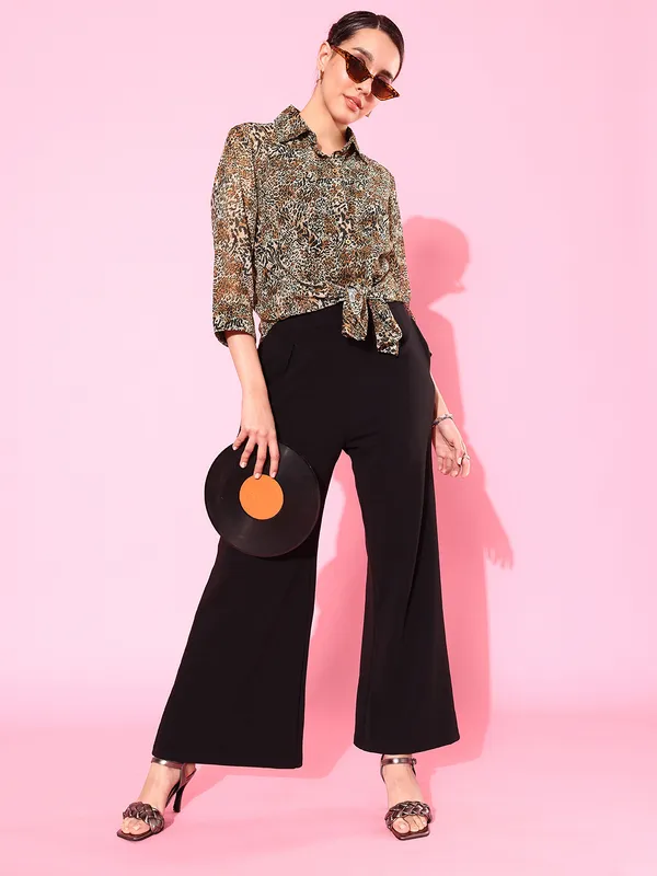 Brown_Chiffon_3/4th_Sleeve_Printed_Tailored_Fit_Long_Shirt_For_Women