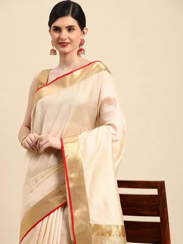 Indian_Women_Beige__Silk_Land_Zari_Design_Pure_Cotton_with_red_piping_Fusion_Saree
