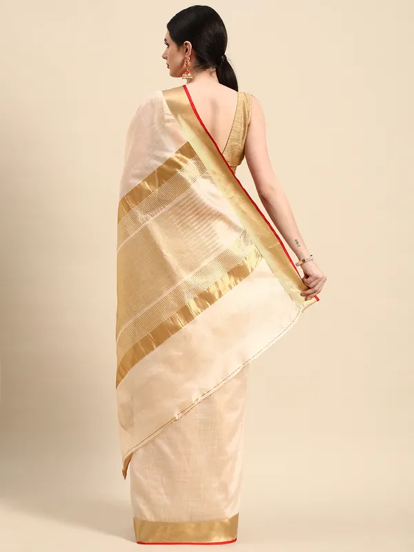 Indian_Women_Beige__Silk_Land_Zari_Design_Pure_Cotton_with_red_piping_Fusion_Saree