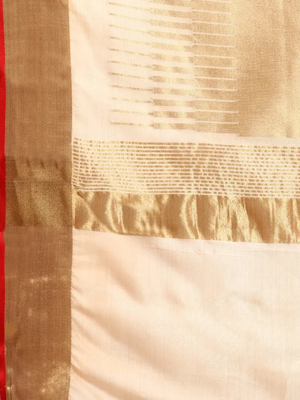 Indian_Women_Beige__Silk_Land_Zari_Design_Pure_Cotton_with_red_piping_Fusion_Saree