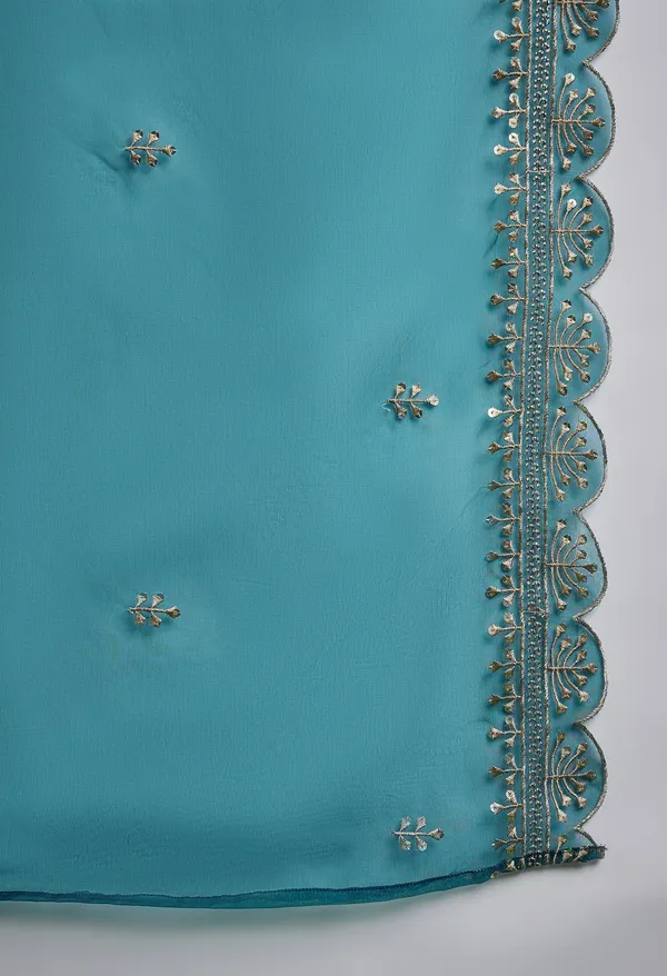 Teal_Fancy_Velvet_Thread_Zari_Sequence_Embroidery_Kurta_Pant_Set_With_Organza_Dupatta