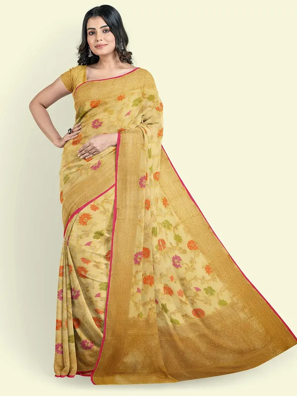 Yellow_Cotton_Blend_Banarasi_Sarees_For_Women