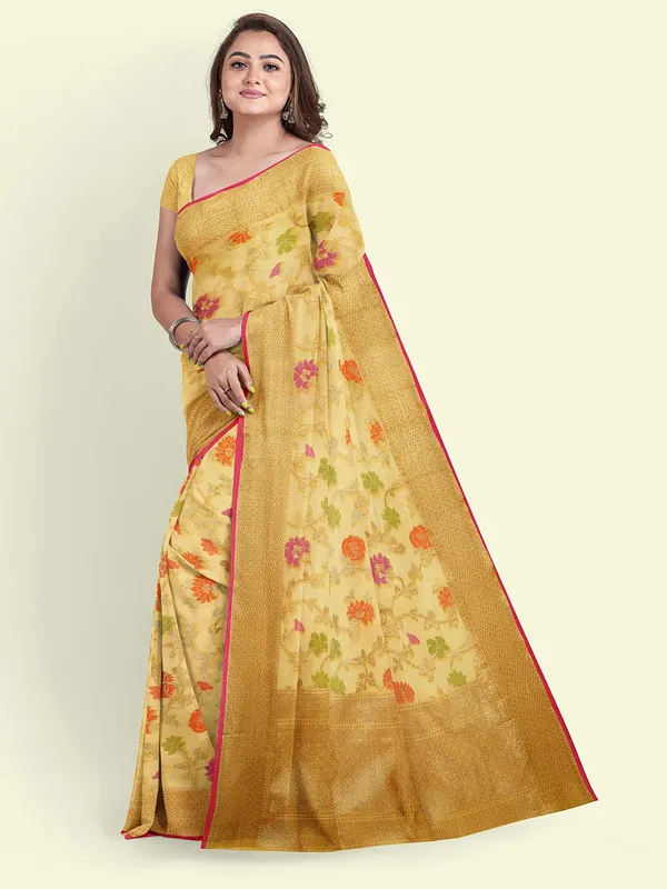 Yellow_Cotton_Blend_Banarasi_Sarees_For_Women