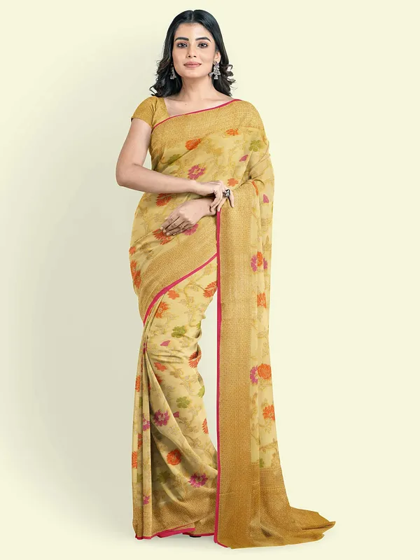 Yellow_Cotton_Blend_Banarasi_Sarees_For_Women