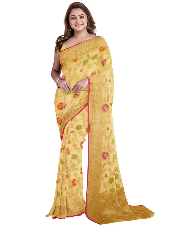 Yellow_Cotton_Blend_Banarasi_Sarees_For_Women