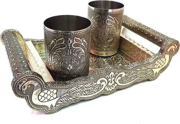 _Serving_Tray_with_2_Oxidized_Glass_Set_Lemon_Set_Tray_With_Handle,Rajwadi_Minakarigari_Oxidized_Tray_Set_Tray,_Glass_Serving_Set_(Pack_of_3)