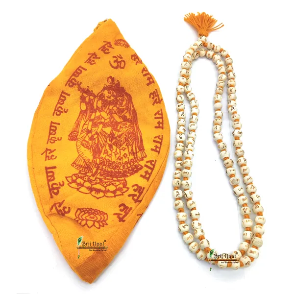 White_wood_hare_ram_carving_jaap_japa_mala_108+1_Beads_10mm_With_Cotton_Gaumukhi_bag_Jholi