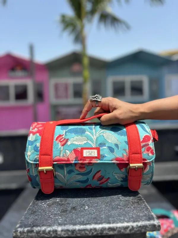 Orange_Teal_Floral_Handcrafted_Cotton_Printed_Cylinder_Sling_Bag_With_Matching_Handle