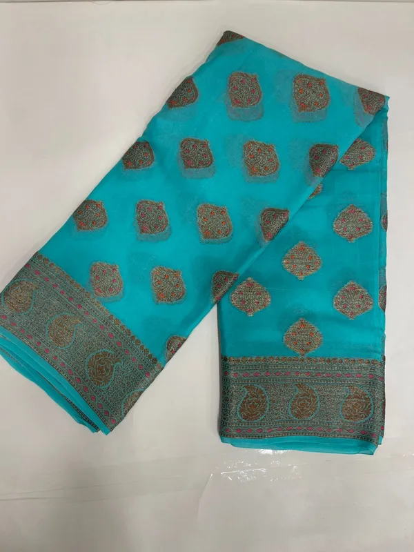 Humairah_Presents_Pure_Handloom_Sea_Green_Chiffon_Floral_Mina_Copper_Zari_Booti_with_Paisley_Mina_Zari_Border_with_Sea_Green_Blouse