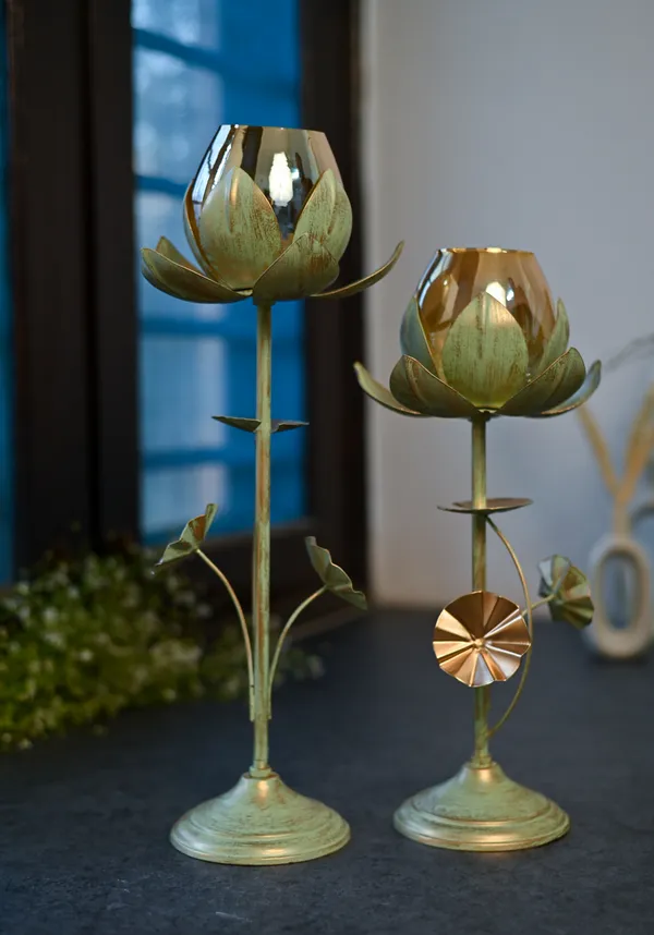 Table_Lotus_Candle_Holder,_Housewarming_Gift,_Home_Decor_Items,_Green_Gold_Finish_Set_of_2_pcs