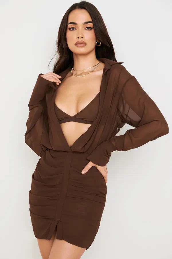 Brown_Shirt_Collar_Cuffed_Sleeves_Ruched_Sheath_Mini_Dress_Modern_Muse_Hot_Western_Wear_Dress