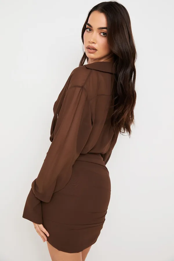 Brown_Shirt_Collar_Cuffed_Sleeves_Ruched_Sheath_Mini_Dress_Modern_Muse_Hot_Western_Wear_Dress