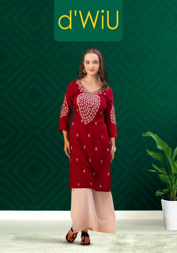 Maroon_Rayon_Slub_Women_Kurta,_Elegant_Designer_Emroidery_Work
