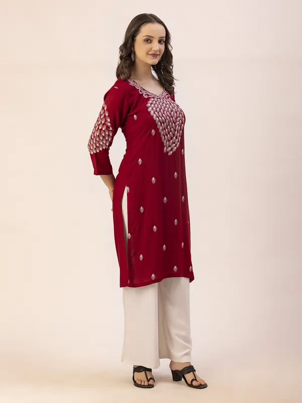 Maroon_Rayon_Slub_Women_Kurta,_Elegant_Designer_Emroidery_Work
