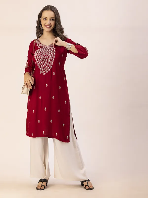 Maroon_Rayon_Slub_Women_Kurta,_Elegant_Designer_Emroidery_Work