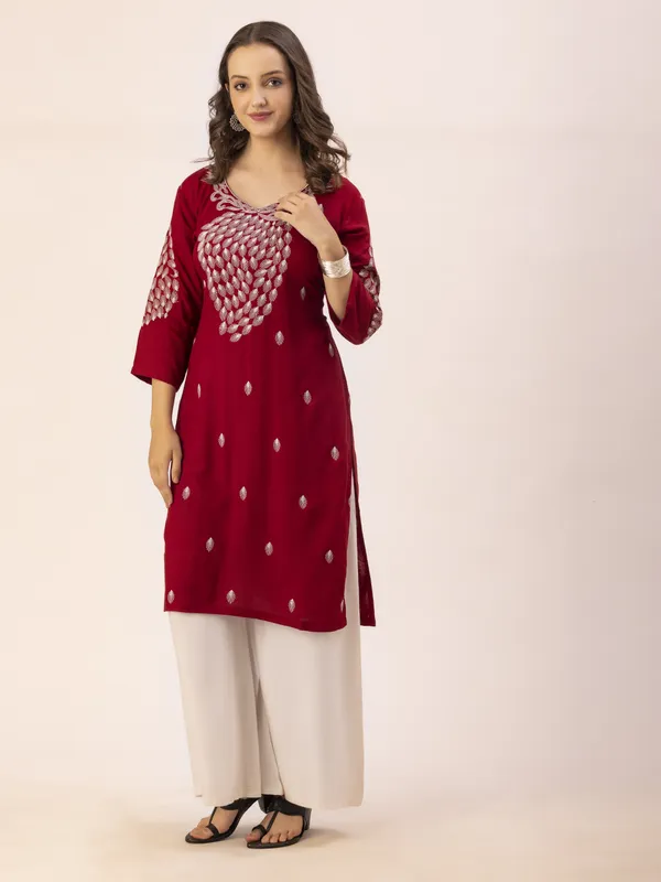 Maroon_Rayon_Slub_Women_Kurta,_Elegant_Designer_Emroidery_Work