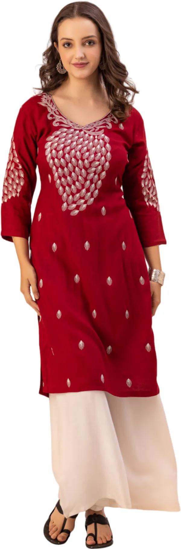 Maroon_Rayon_Slub_Women_Kurta,_Elegant_Designer_Emroidery_Work