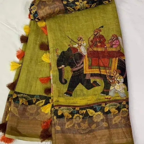 Mehendi_Green_Linen_Saree_with_Kalamkari_Print_and_Unstitched_Blouse_Piece