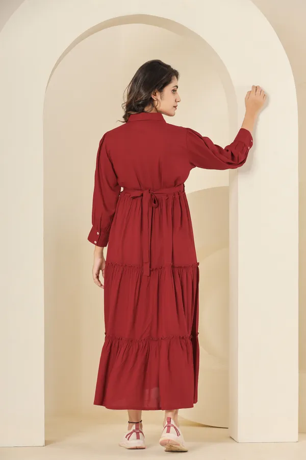 Trendy_Rayon_Shirt_Collar_Maroon_Solid_Long_Dress