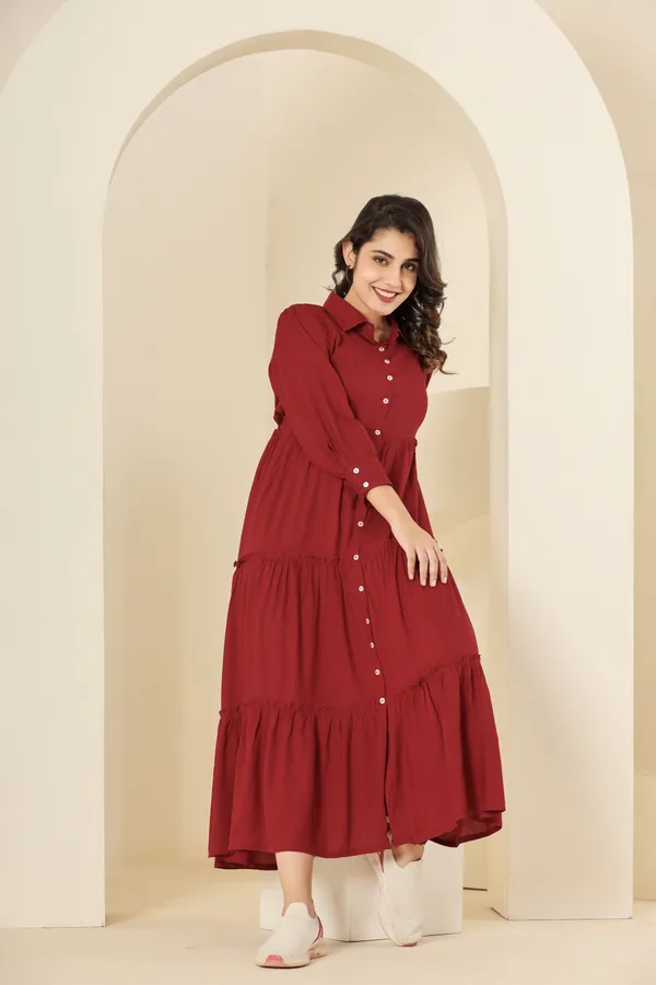 Trendy_Rayon_Shirt_Collar_Maroon_Solid_Long_Dress