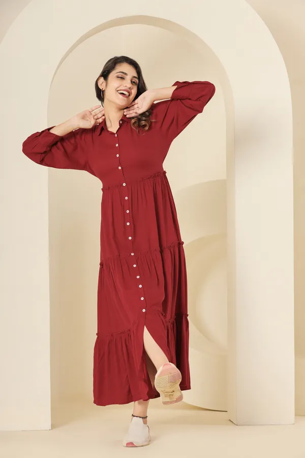 Trendy_Rayon_Shirt_Collar_Maroon_Solid_Long_Dress