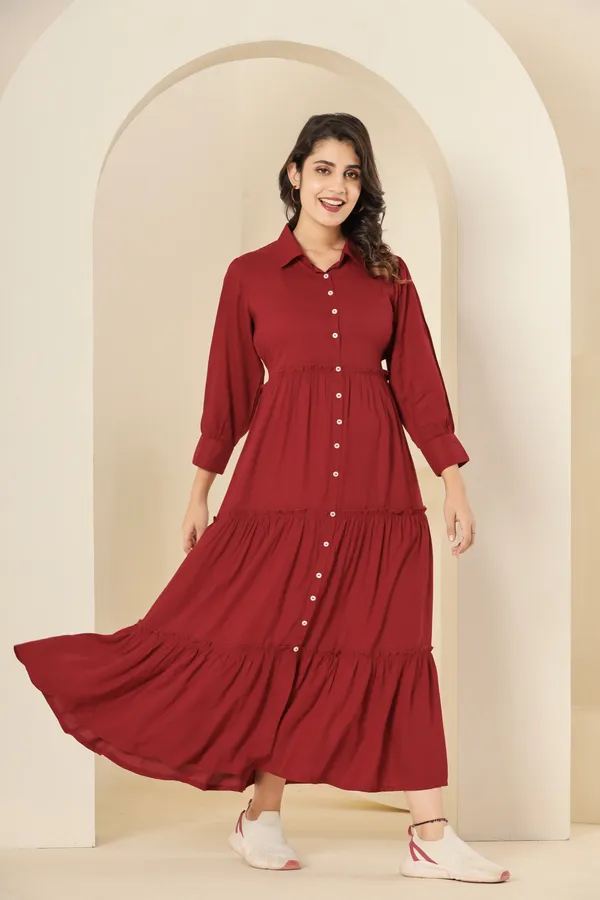 Trendy_Rayon_Shirt_Collar_Maroon_Solid_Long_Dress