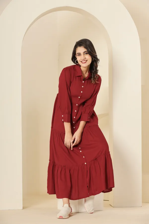 Trendy_Rayon_Shirt_Collar_Maroon_Solid_Long_Dress