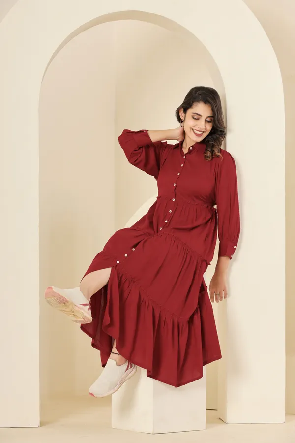 Trendy_Rayon_Shirt_Collar_Maroon_Solid_Long_Dress