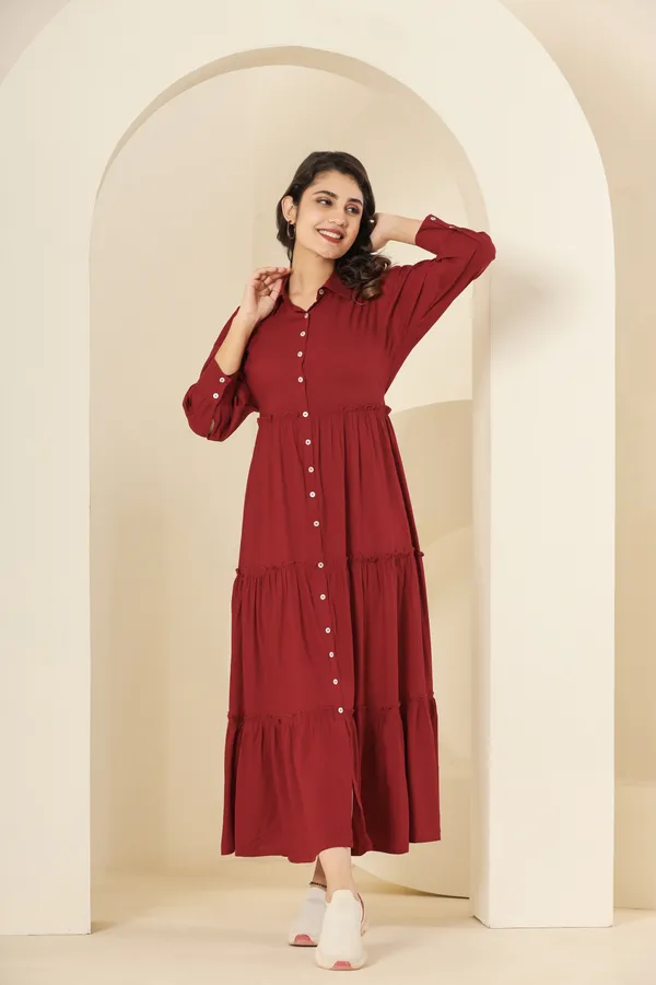 Trendy_Rayon_Shirt_Collar_Maroon_Solid_Long_Dress