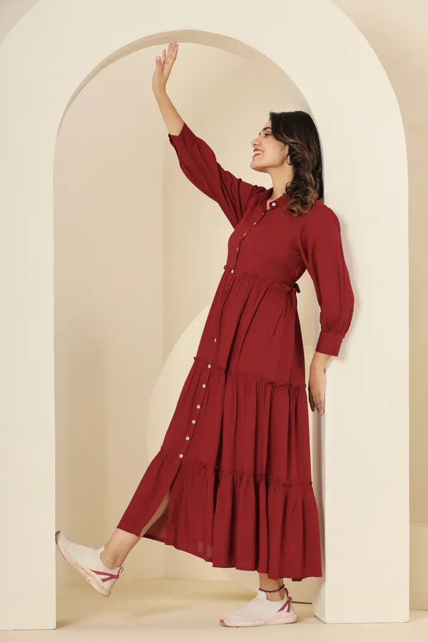 Trendy_Rayon_Shirt_Collar_Maroon_Solid_Long_Dress