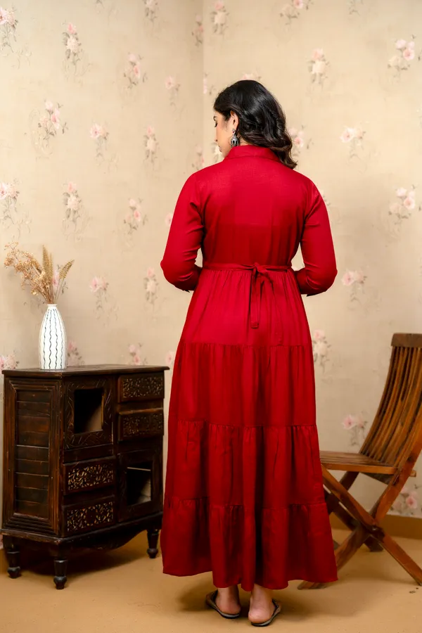 Trendy_Women's_Maroon_Shirt_Collar_Maternity_&_Nursing_Solid_4_Tyer_Dress