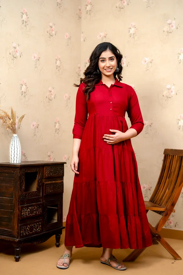Trendy_Women's_Maroon_Shirt_Collar_Maternity_&_Nursing_Solid_4_Tyer_Dress