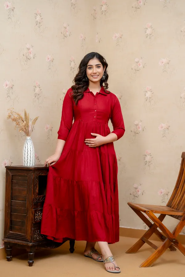 Trendy_Women's_Maroon_Shirt_Collar_Maternity_&_Nursing_Solid_4_Tyer_Dress